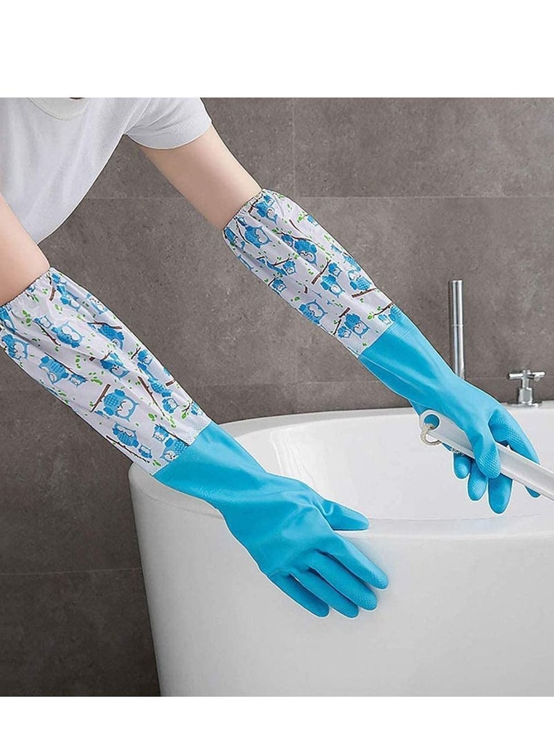 1 Pair of Rubber Gloves for Pond Gutter Drain Cleaning - Long Arm One Size – Blue Pattern Antiskid Sleeve Waterproof - Image 3