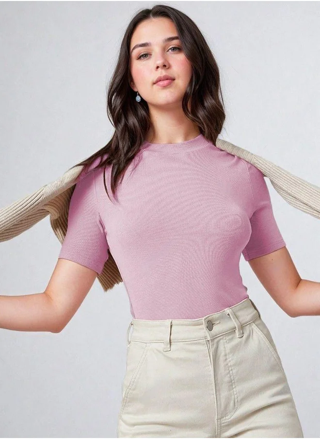 كوتي Ribbed High Neck Slim Fit T-Shirt