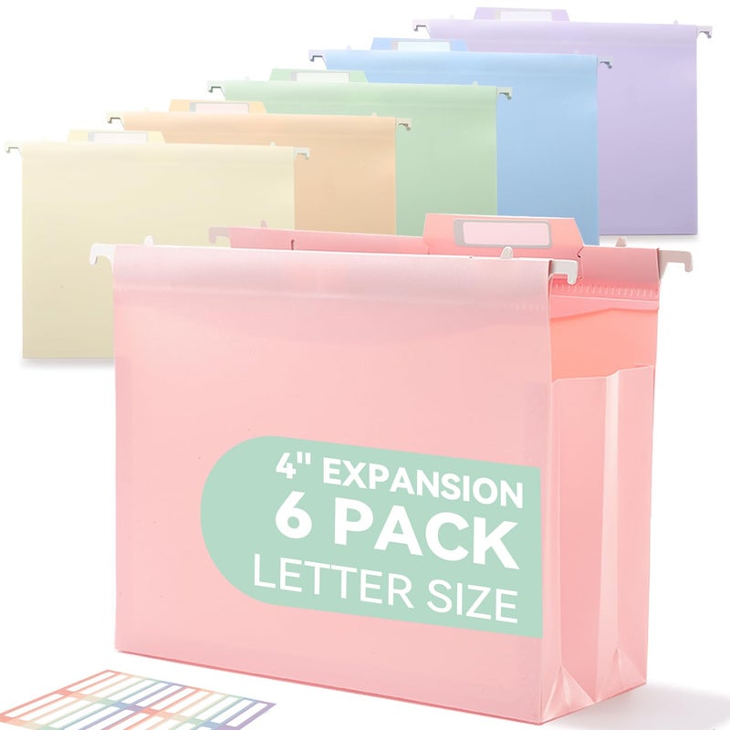 SortRax Plastic High Capacity Hanging File Folders, 4" Expansion for Bulky Documents, Side-Sealed Pocket, Holds Heavy Files, Letter Size, Movable Dividers, Insertable Tabs, 6 Pack, Pastel Colors - Image 1