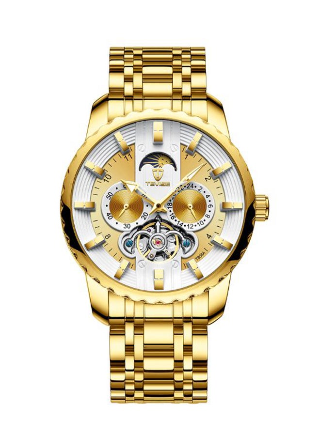 تيفيز ساعة يد ميكانيكية كرونوغراف بسوار من الستانلس ستيل مقاومة للماء طراز 3866 - مقاس 44 مم - لون ذهبي men - Image 1