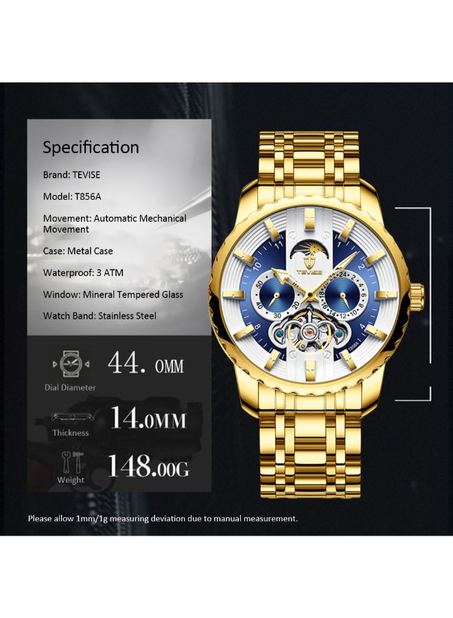 تيفيز ساعة يد ميكانيكية كرونوغراف بسوار من الستانلس ستيل مقاومة للماء طراز 3866 - مقاس 44 مم - لون ذهبي men - Image 4