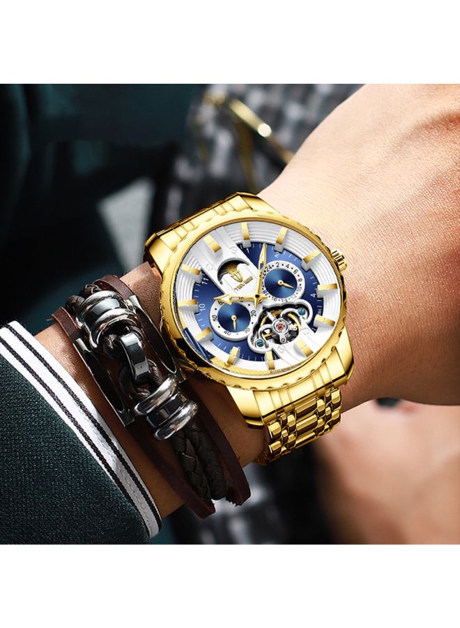 تيفيز ساعة يد ميكانيكية كرونوغراف بسوار من الستانلس ستيل مقاومة للماء طراز 3866 - مقاس 44 مم - لون ذهبي men - Image 3