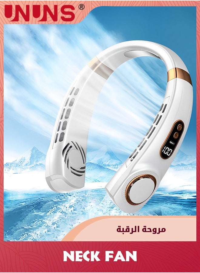 UNUNS مروحة رقبة، مكيف هواء مع لوحات تبريد، 5 سرعات لنفخ الهواء البارد مع إضاءة LED قابلة للتعديل، مروحة شخصية قابلة لإعادة الشحن عبر USB للنساء، محمولة للسفر والتخييم، للاستخدام في الهواء الطلق، أبيض  - Image 1