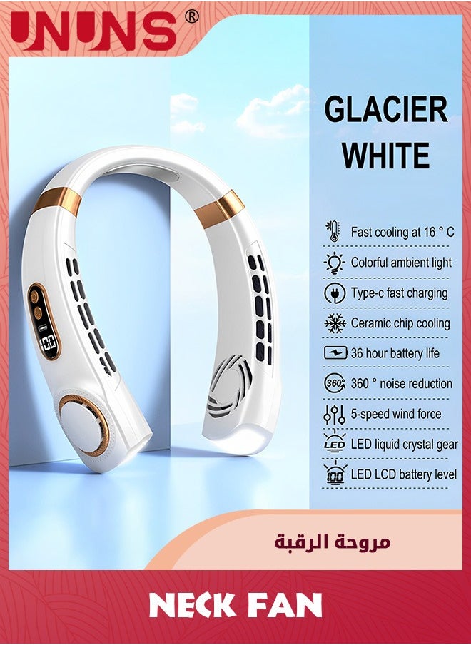UNUNS مروحة رقبة، مكيف هواء مع لوحات تبريد، 5 سرعات لنفخ الهواء البارد مع إضاءة LED قابلة للتعديل، مروحة شخصية قابلة لإعادة الشحن عبر USB للنساء، محمولة للسفر والتخييم، للاستخدام في الهواء الطلق، أبيض  - Image 2