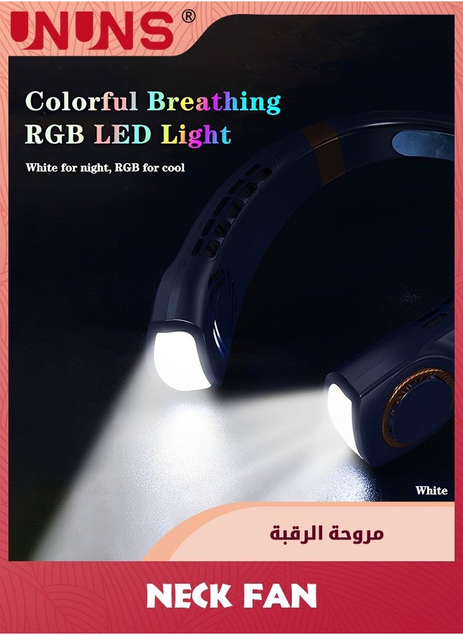 UNUNS مروحة رقبة، مكيف هواء مع لوحات تبريد، 5 سرعات لنفخ الهواء البارد مع إضاءة LED قابلة للتعديل، مروحة شخصية قابلة لإعادة الشحن عبر USB للنساء، محمولة للسفر والتخييم، للاستخدام في الهواء الطلق، أبيض  - Image 4