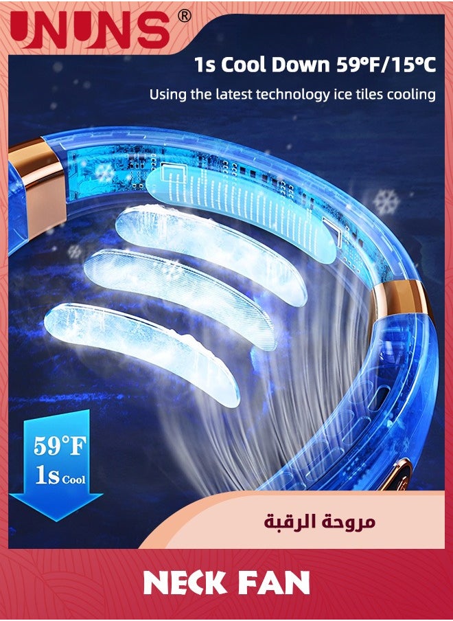 UNUNS مروحة رقبة، مكيف هواء مع لوحات تبريد، 5 سرعات لنفخ الهواء البارد مع إضاءة LED قابلة للتعديل، مروحة شخصية قابلة لإعادة الشحن عبر USB للنساء، محمولة للسفر والتخييم، للاستخدام في الهواء الطلق، أبيض  - Image 5
