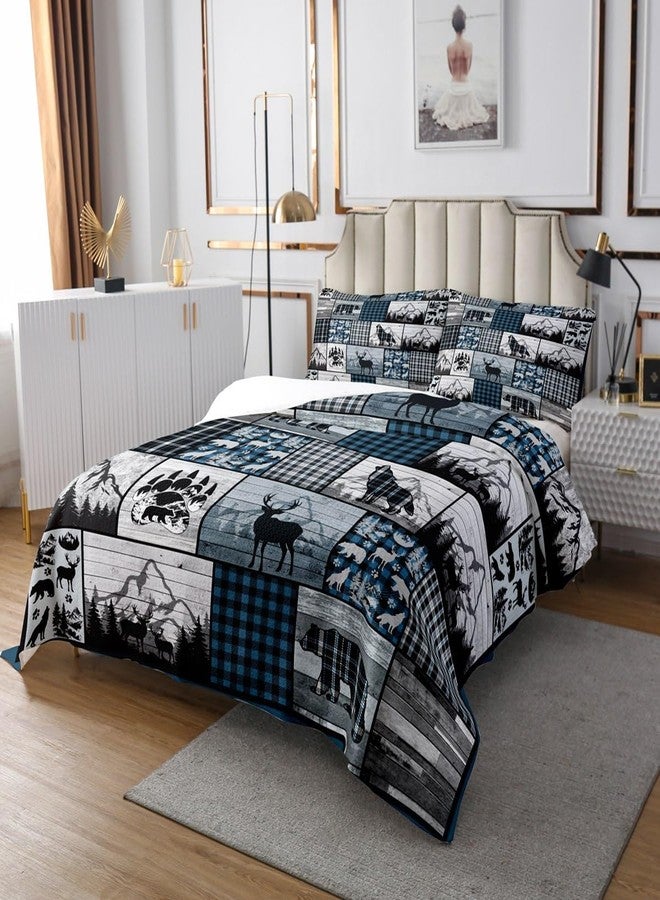 Feelyou غطاء سرير مبطن بنقشة مربعات زرقاء، مستوحى من الغزلان والأيائل والدببة والذئاب، بتصميم ريفي أنيق، مناسب للمزارع والغابات والتخييم والصيد. طقم غطاء سرير مبطن بنقشة مربعات هندسية، مقاس كينج. - Image 3