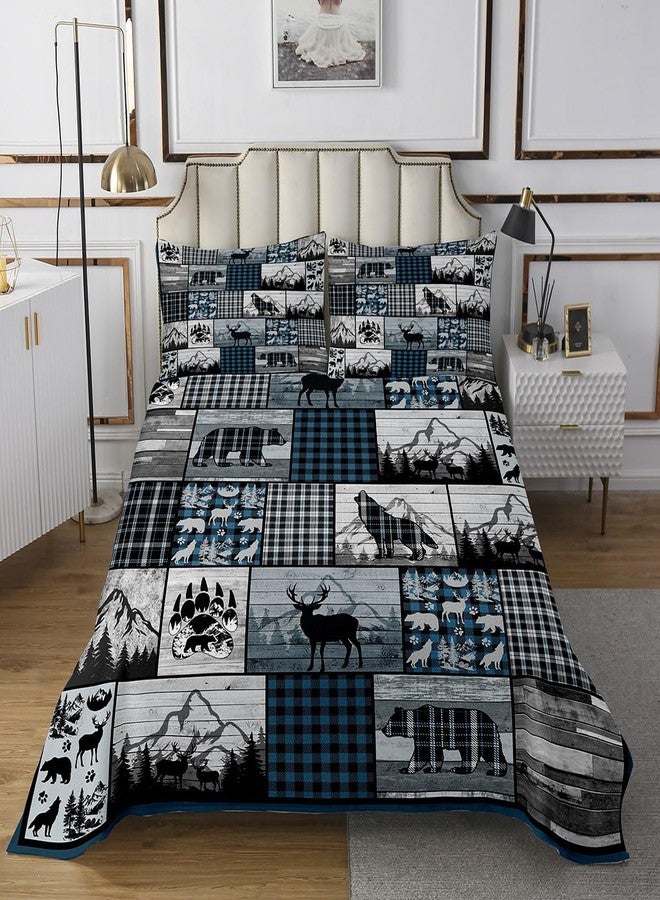 Feelyou غطاء سرير مبطن بنقشة مربعات زرقاء، مستوحى من الغزلان والأيائل والدببة والذئاب، بتصميم ريفي أنيق، مناسب للمزارع والغابات والتخييم والصيد. طقم غطاء سرير مبطن بنقشة مربعات هندسية، مقاس كينج. - Image 2
