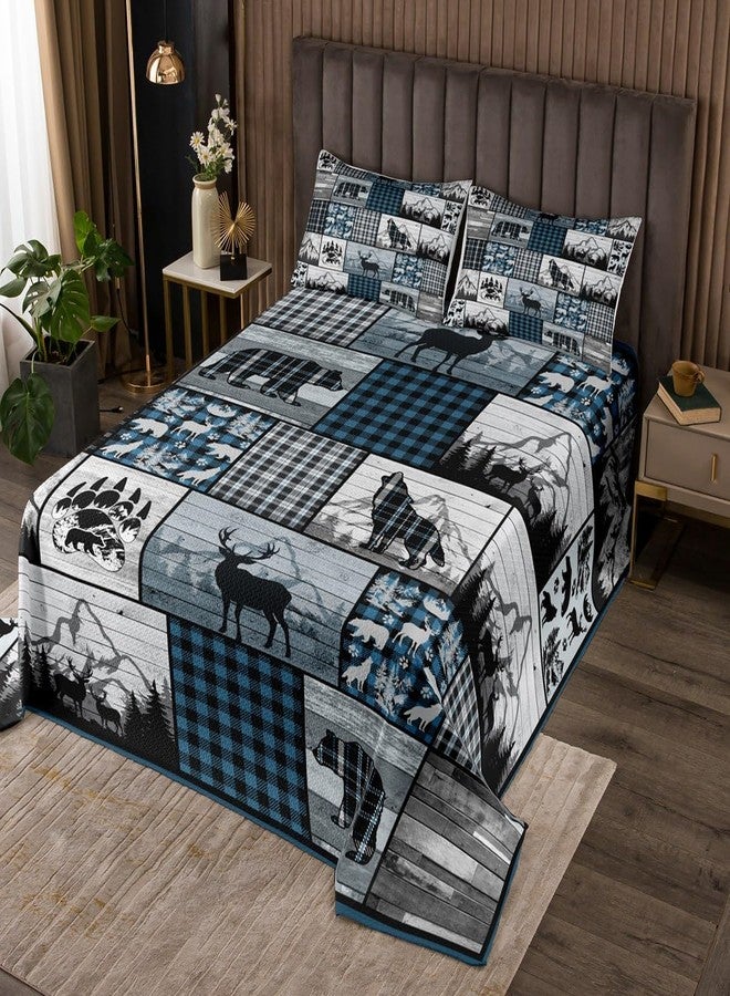 Feelyou غطاء سرير مبطن بنقشة مربعات زرقاء، مستوحى من الغزلان والأيائل والدببة والذئاب، بتصميم ريفي أنيق، مناسب للمزارع والغابات والتخييم والصيد. طقم غطاء سرير مبطن بنقشة مربعات هندسية، مقاس كينج. - Image 1