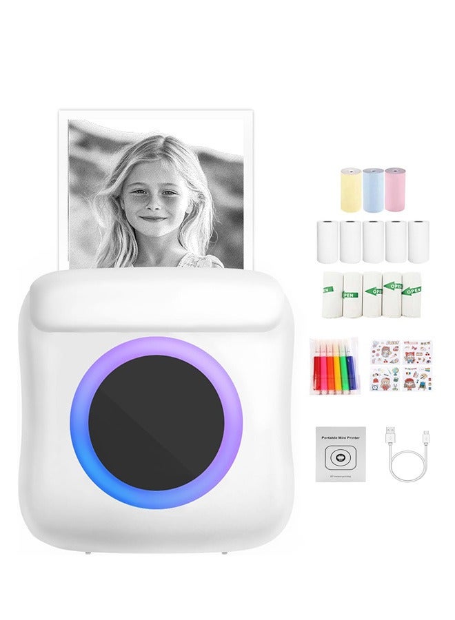 Mini Portable Bluetooth Thermal Inkless Sticker Printer with Sticker Paper and Color Pen, Thermal Sticker Maker for DIY, Diaries, Photos, Study, Label and Note (White with Light) - Image 1