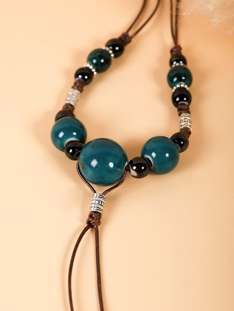 MINACHI Boho Hippie Colorful Deep Sea Green Ceramic Beads Long Strand Y Necklace Bohemian Jewelry Gift for Women - Image 4