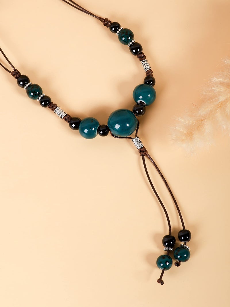 MINACHI Boho Hippie Colorful Deep Sea Green Ceramic Beads Long Strand Y Necklace Bohemian Jewelry Gift for Women - Image 3