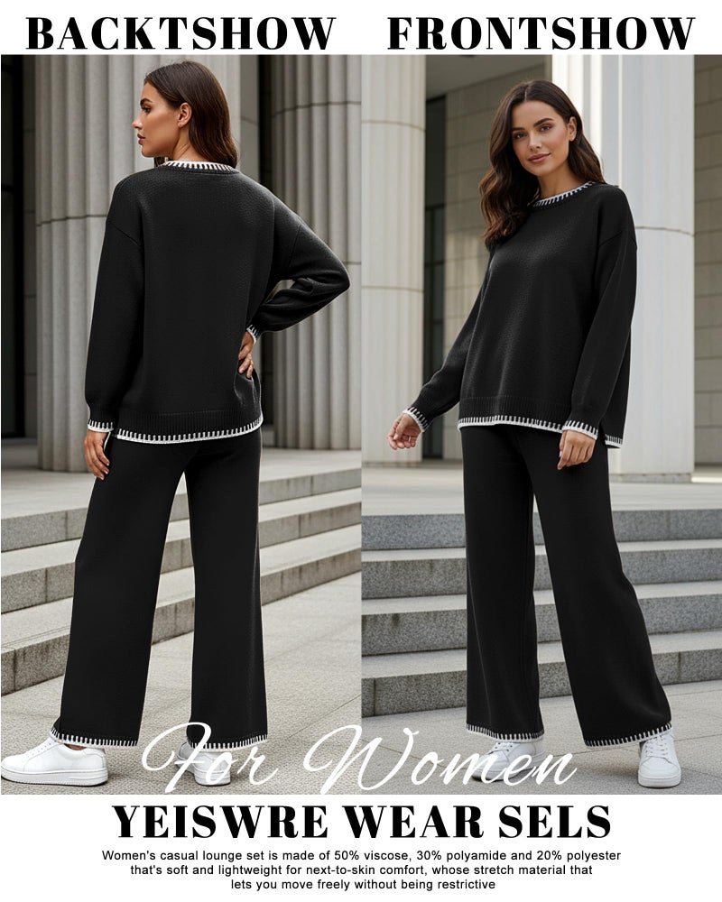 Simlakey Women 2 Piece Sweater Set Causal Lounge Set 2025 Stylish Long Sleeve Outfits Knit Matching Loungewear(Black,S) - Image 4