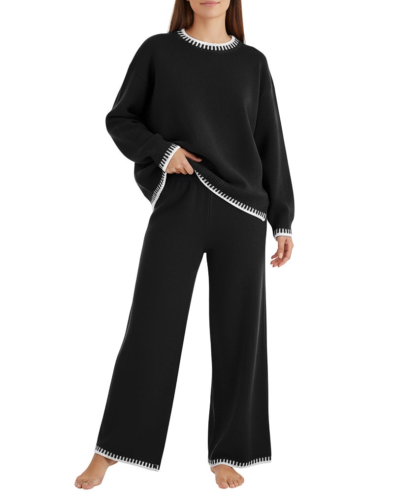 Simlakey Women 2 Piece Sweater Set Causal Lounge Set 2025 Stylish Long Sleeve Outfits Knit Matching Loungewear(Black,S) - Image 1