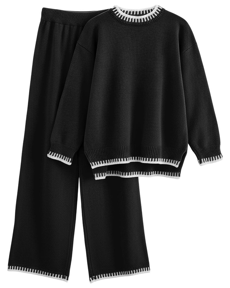 Simlakey Women 2 Piece Sweater Set Causal Lounge Set 2025 Stylish Long Sleeve Outfits Knit Matching Loungewear(Black,S) - Image 2
