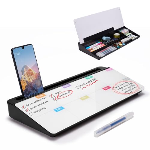 TSJ OFFICE Whiteboard Weekly Dry-Erase-Board - Desktop White Board Calendar Desk Organizers with Accessories Computer Keyboard Stand with Drawer, for Office, Home, School Supplies - Black Calendar - Image 1