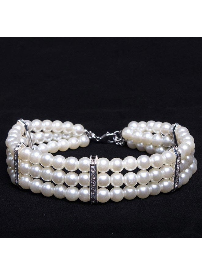 PETFAVORITES Fancy 3 Row Pearls Diamond Dog Necklace Collar Jewelry with Bling Rhinestones for Pets Cats Small Dogs Girl Teacup Chihuahua Yorkie Clothes Costume Outfits (White, Neck Size: 10"-12")  - Image 2