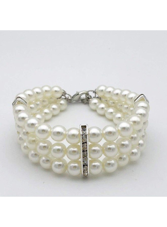 PETFAVORITES Fancy 3 Row Pearls Diamond Dog Necklace Collar Jewelry with Bling Rhinestones for Pets Cats Small Dogs Girl Teacup Chihuahua Yorkie Clothes Costume Outfits (White, Neck Size: 10"-12")  - Image 1