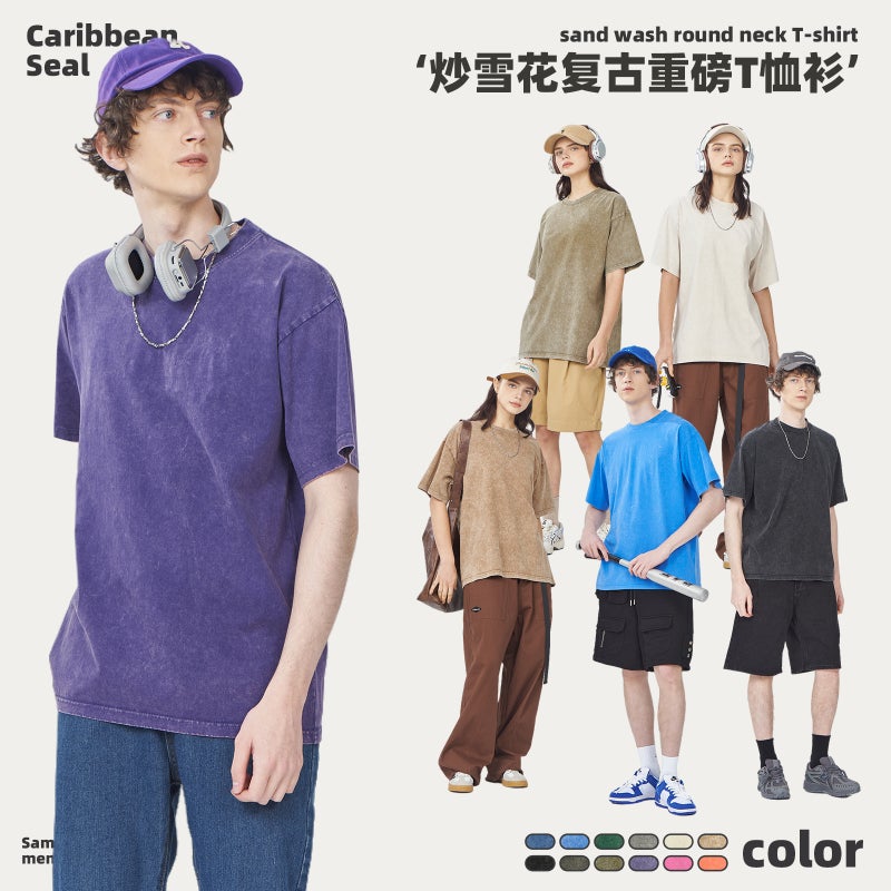 Vintage Fried Snowflake Shoulder Loose Round Neck Short-Sleeved T-Shirt Summer Sports Men'S American Heavy Cotton T-Shirt For Men - Image 2