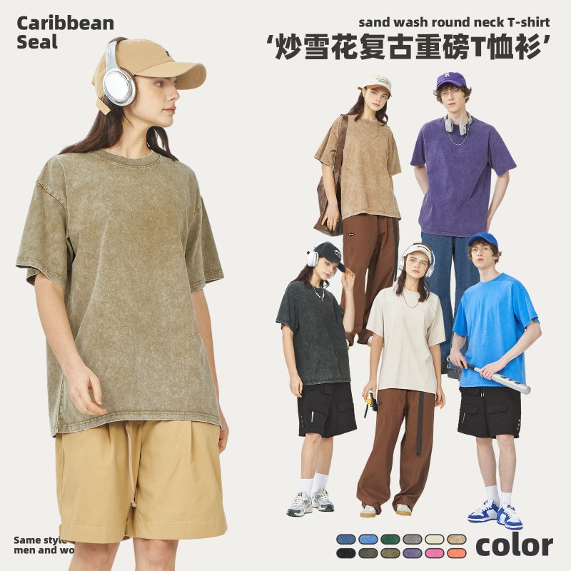 Vintage Fried Snowflake Shoulder Loose Round Neck Short-Sleeved T-Shirt Summer Sports Men'S American Heavy Cotton T-Shirt For Men - Image 4