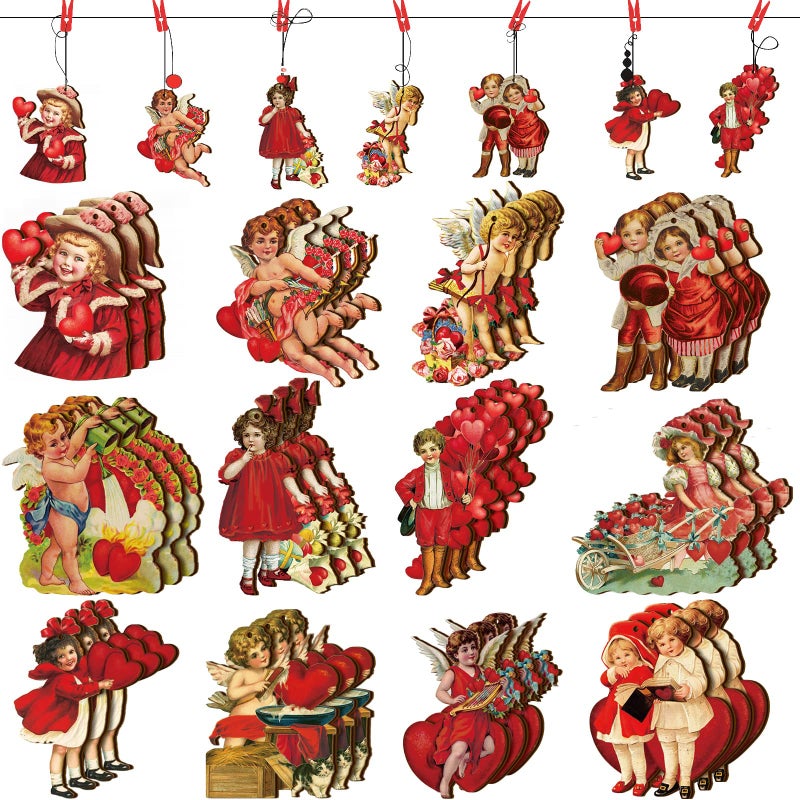 Glenmal 48 Pcs Vintage Red Valentine Ornaments for Tree Wooden Valentine Tree Decorations Retro Balloon Heart Flower Hanging Decorative Ornaments for Valentines Party Indoor Outdoor Home Decor - Image 1