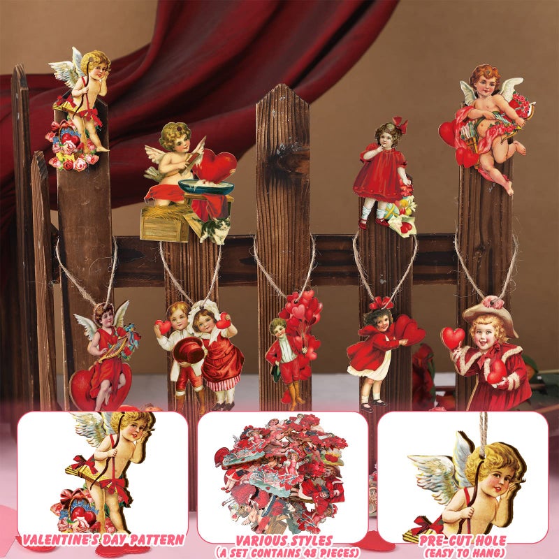 Glenmal 48 Pcs Vintage Red Valentine Ornaments for Tree Wooden Valentine Tree Decorations Retro Balloon Heart Flower Hanging Decorative Ornaments for Valentines Party Indoor Outdoor Home Decor - Image 4