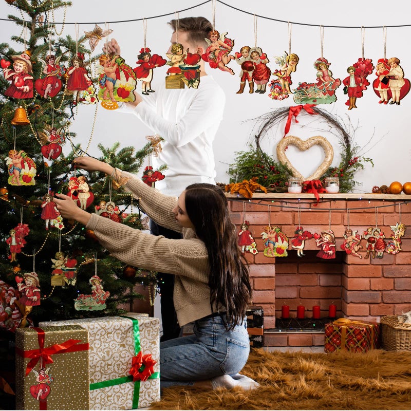 Glenmal 48 Pcs Vintage Red Valentine Ornaments for Tree Wooden Valentine Tree Decorations Retro Balloon Heart Flower Hanging Decorative Ornaments for Valentines Party Indoor Outdoor Home Decor - Image 5