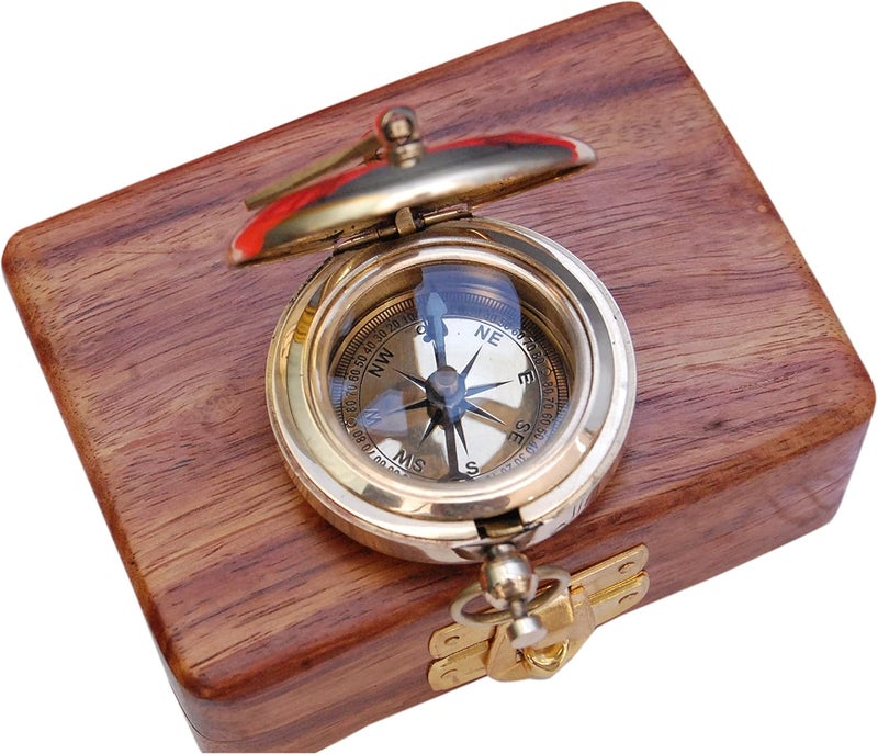 BAZROSS Brass Nautical Compass with Wooden Case - Antique Brass & Copper Sun Clock for Camping, Hiking, Touring - Engraved Gift for Him - Nautical Clock - Compass Gift - Image 4