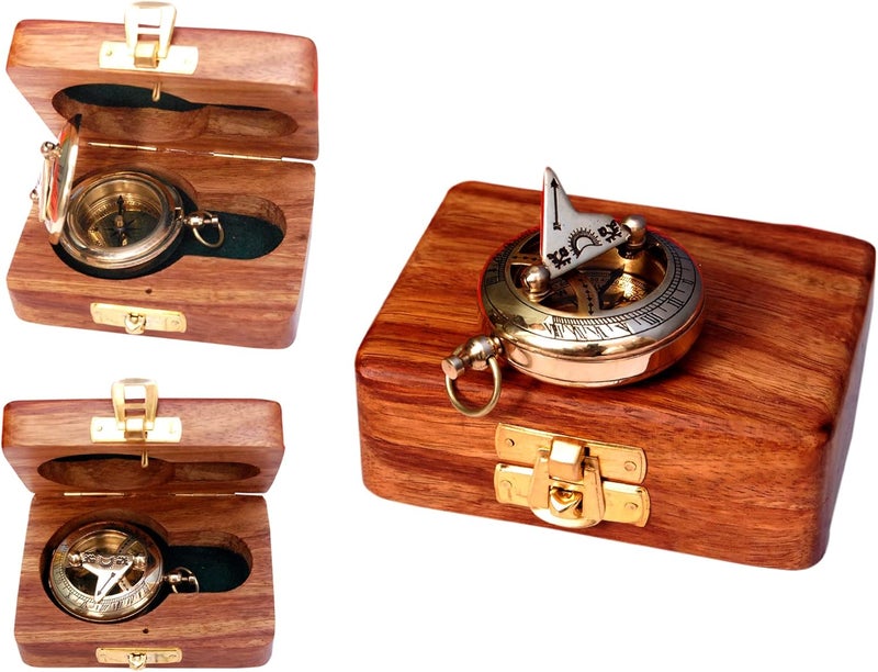 BAZROSS Brass Nautical Compass with Wooden Case - Antique Brass & Copper Sun Clock for Camping, Hiking, Touring - Engraved Gift for Him - Nautical Clock - Compass Gift - Image 1