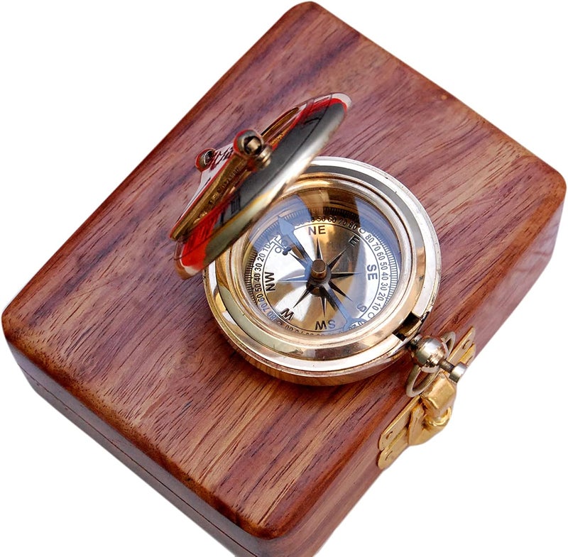 BAZROSS Brass Nautical Compass with Wooden Case - Antique Brass & Copper Sun Clock for Camping, Hiking, Touring - Engraved Gift for Him - Nautical Clock - Compass Gift - Image 5