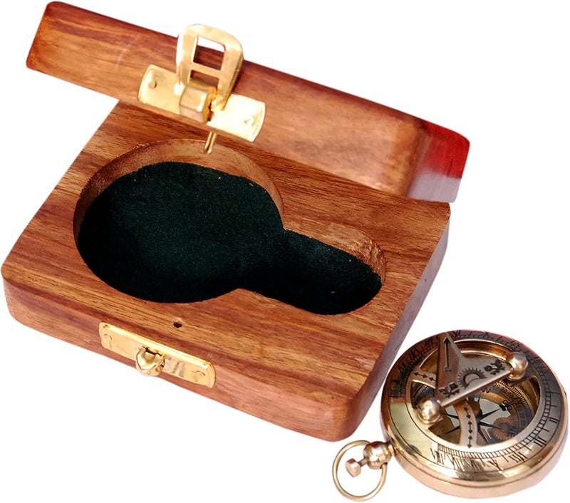 BAZROSS Brass Nautical Compass with Wooden Case - Antique Brass & Copper Sun Clock for Camping, Hiking, Touring - Engraved Gift for Him - Nautical Clock - Compass Gift - Image 3