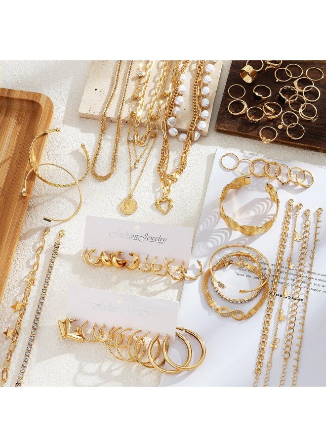 17IF 59 Pcs(8 Pack) Gold Plated Jewelry Set For Women With 8 Necklace 12 Bracelet 27 Ring 12 Pair Earring Hoop Simple Sparkle For Happy  - Image 2