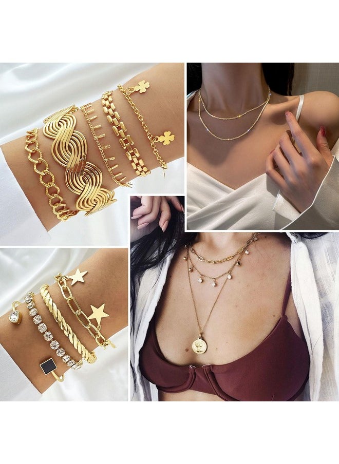 17IF 59 Pcs(8 Pack) Gold Plated Jewelry Set For Women With 8 Necklace 12 Bracelet 27 Ring 12 Pair Earring Hoop Simple Sparkle For Happy  - Image 4