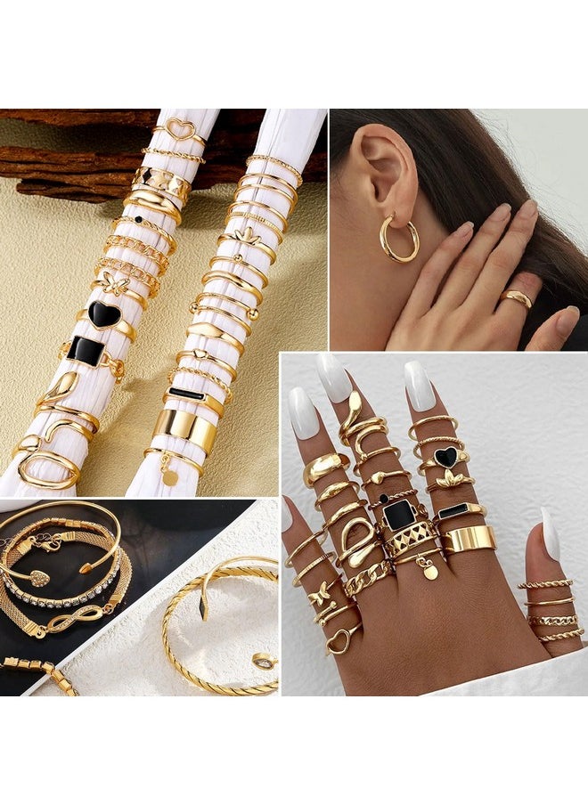 17IF 59 Pcs(8 Pack) Gold Plated Jewelry Set For Women With 8 Necklace 12 Bracelet 27 Ring 12 Pair Earring Hoop Simple Sparkle For Happy  - Image 5