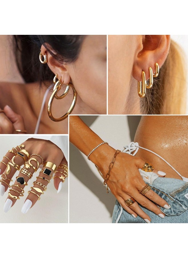 17IF 59 Pcs(8 Pack) Gold Plated Jewelry Set For Women With 8 Necklace 12 Bracelet 27 Ring 12 Pair Earring Hoop Simple Sparkle For Happy  - Image 3
