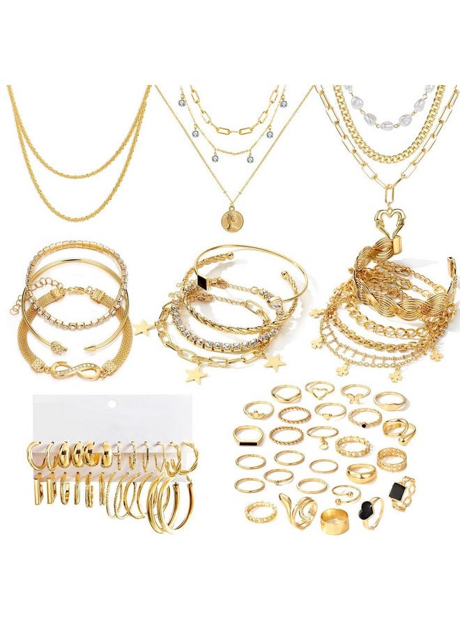 17IF 59 Pcs(8 Pack) Gold Plated Jewelry Set For Women With 8 Necklace 12 Bracelet 27 Ring 12 Pair Earring Hoop Simple Sparkle For Happy  - Image 1