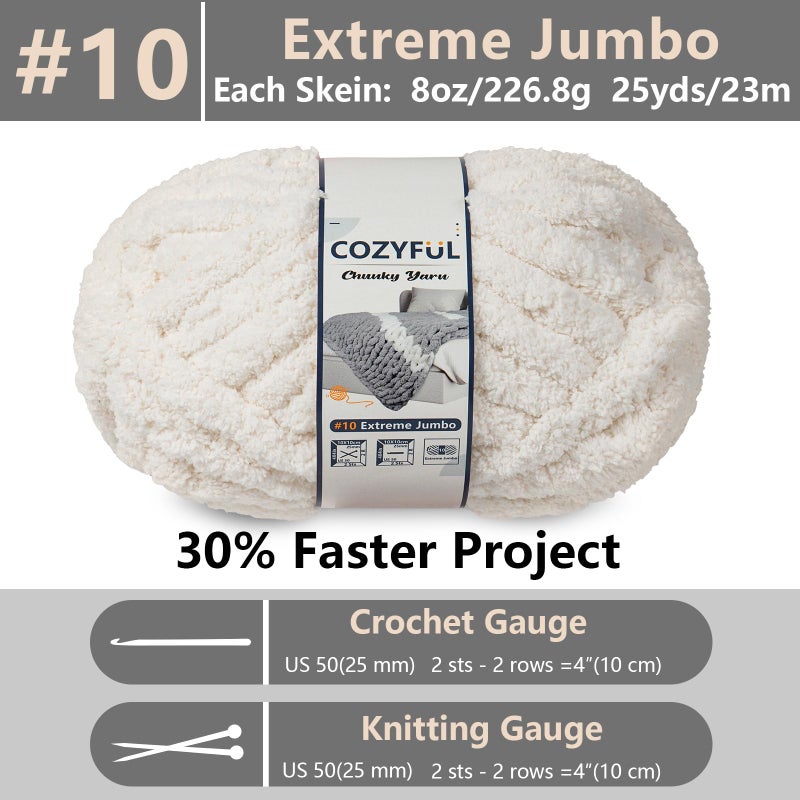 Cozyful Chunky Yarn for Hand Knitting - #10 Chunky Chenille Yarn, Jumbo Big Thick Chunky Yarns for Crocheting, Super Bulky Chunky Knit Blanket Yarns, 8 Skein (25yd, 8oz/Skein), Cream & Grey - Image 2