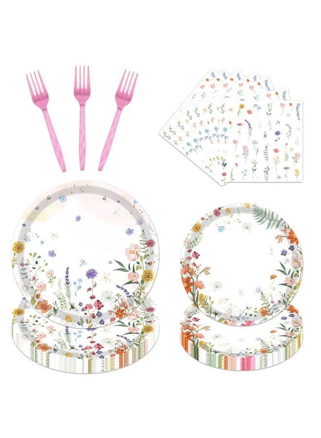 refavor Floral Paper Plates Set - 96PCS Wildflower Party Decorations Supplies Flower Baby in Bloom Baby Shower Decorations Disposable Flower Paper Plates Napkins Tableware Spring Summer Picnic Party - Image 1