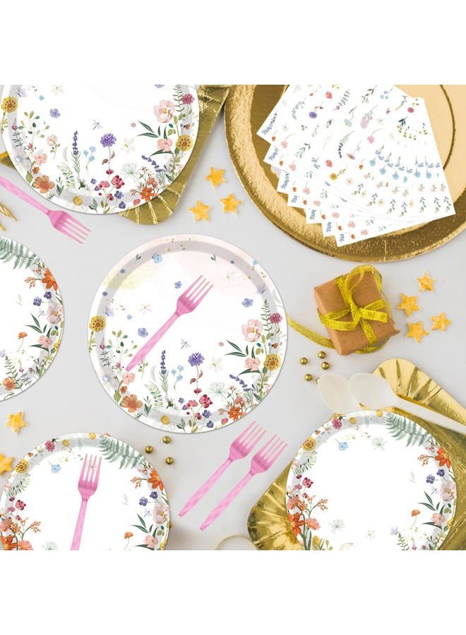 refavor Floral Paper Plates Set - 96PCS Wildflower Party Decorations Supplies Flower Baby in Bloom Baby Shower Decorations Disposable Flower Paper Plates Napkins Tableware Spring Summer Picnic Party - Image 5