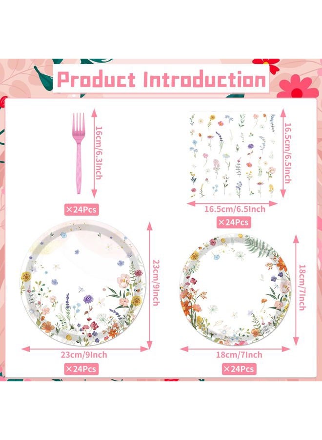 refavor Floral Paper Plates Set - 96PCS Wildflower Party Decorations Supplies Flower Baby in Bloom Baby Shower Decorations Disposable Flower Paper Plates Napkins Tableware Spring Summer Picnic Party - Image 2