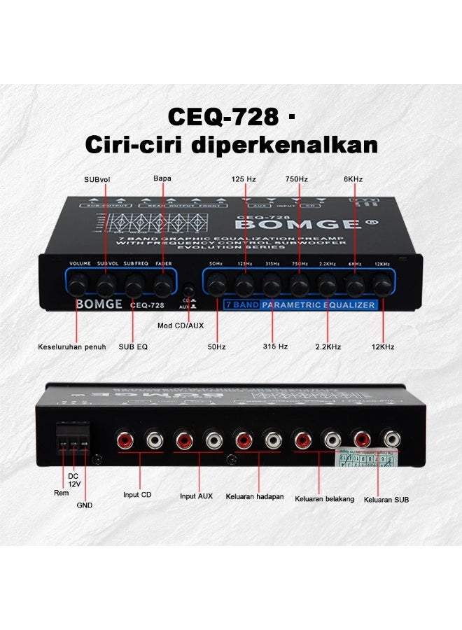 BOMGE CEQ-728 7-Band Car Audio Equalizer and Preamplifier with 6 Channel RCA Output - Image 3