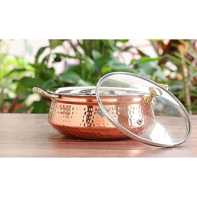 rayihni Steel Copper Hammered Design HandiCasserole With Glass Lid  Brass Knob With Handle Capacity  700 Ml 1 Piece - Image 4