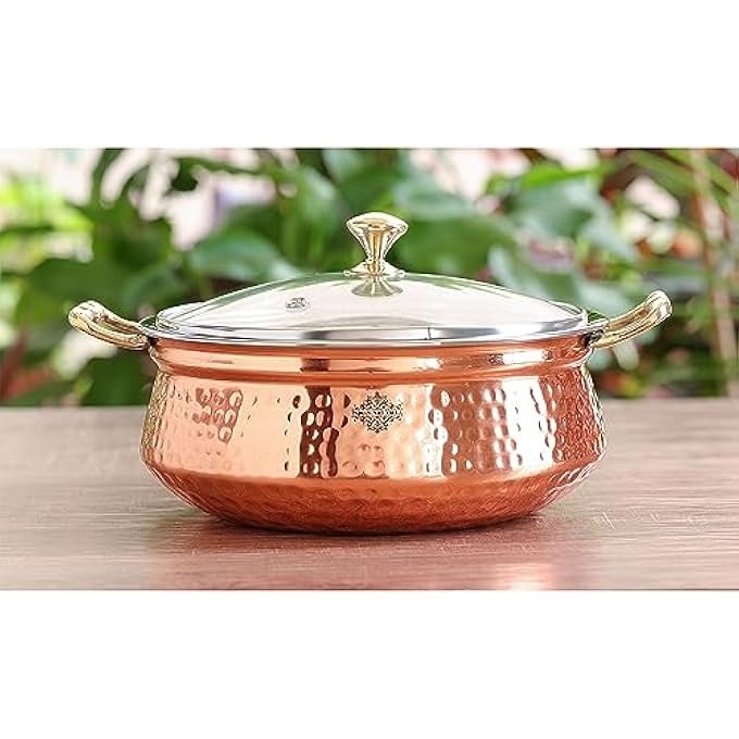 rayihni Steel Copper Hammered Design HandiCasserole With Glass Lid  Brass Knob With Handle Capacity  700 Ml 1 Piece - Image 3