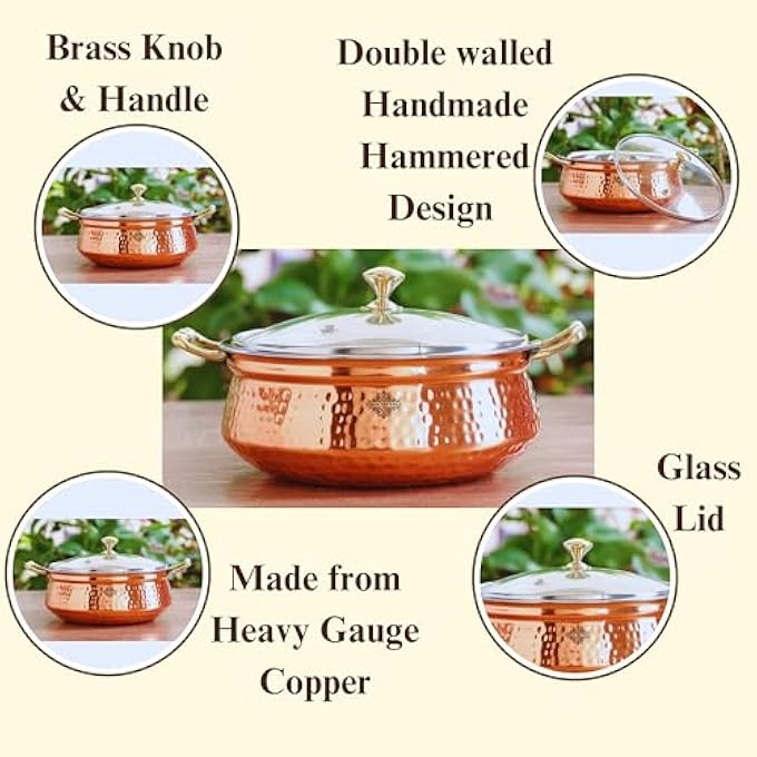 rayihni Steel Copper Hammered Design HandiCasserole With Glass Lid  Brass Knob With Handle Capacity  700 Ml 1 Piece - Image 5