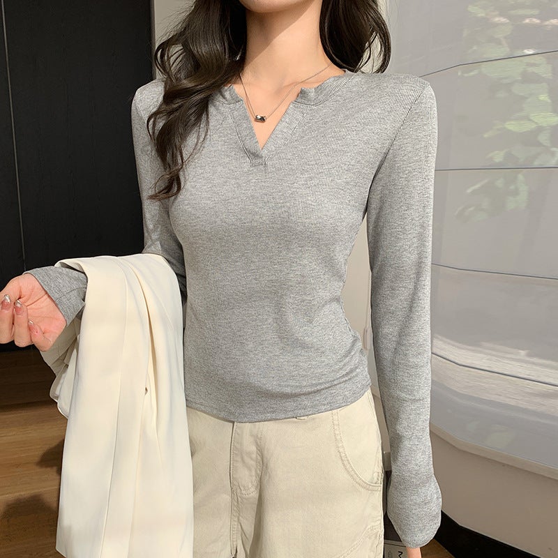 K2301V-Neck Base Shirt للنساء ، أوائل الخريف والشتاء ، قميص رقيق متناسب ، قميص أنيق طويل الأكمام لمظهر أنيق - Image 1