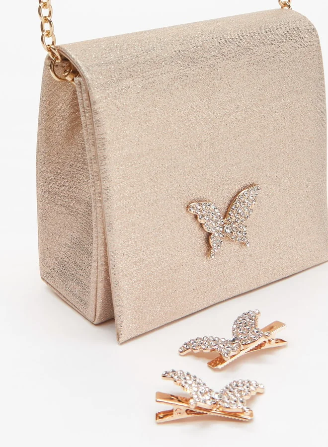 MISSY Little Missy Textured Crossbody Bag with Butterfly Accent and Chain Strap