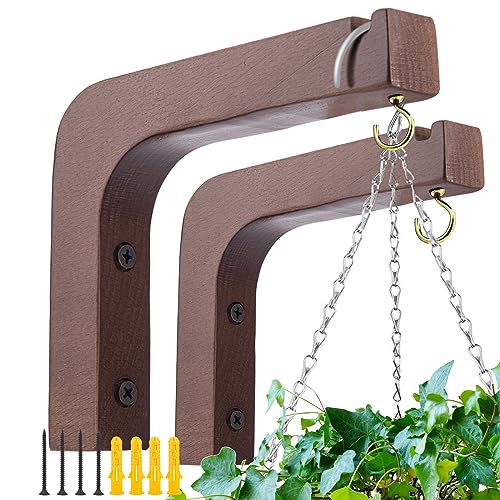 Oradrem 2 Pack Wooden Wall Hooks for Hanging Plants,Lanterns,Flower Bracket,Wind Chimes,Bird Feeders,Macrame Plant Hangers,5.9 inch Wooden Plant Hangers for Indoor Outdoor, Walnut Color - Image 1