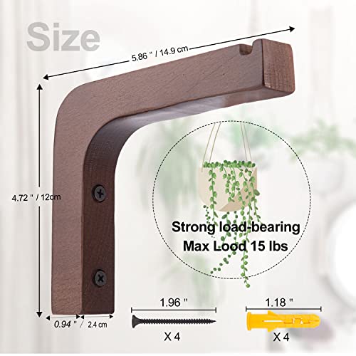 Oradrem 2 Pack Wooden Wall Hooks for Hanging Plants,Lanterns,Flower Bracket,Wind Chimes,Bird Feeders,Macrame Plant Hangers,5.9 inch Wooden Plant Hangers for Indoor Outdoor, Walnut Color - Image 3