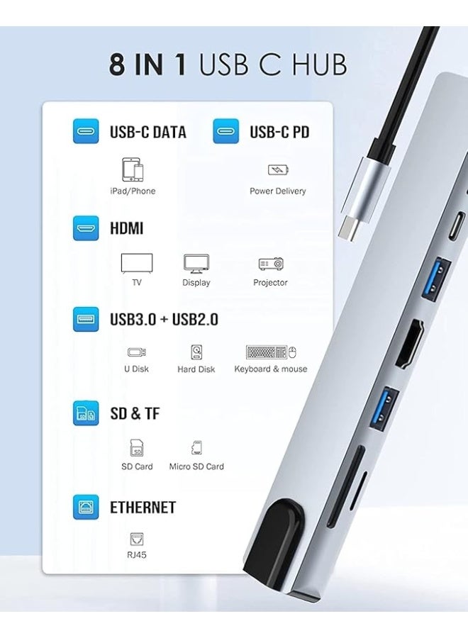 8-in-1 USB-C Hub with 4K HDMI, Power Delivery, USB-C Port, Ethernet, 2 USB Ports, SD/TF Card Reader, Compatible with USB-C MacBook Pro, Available in Multiple Colors