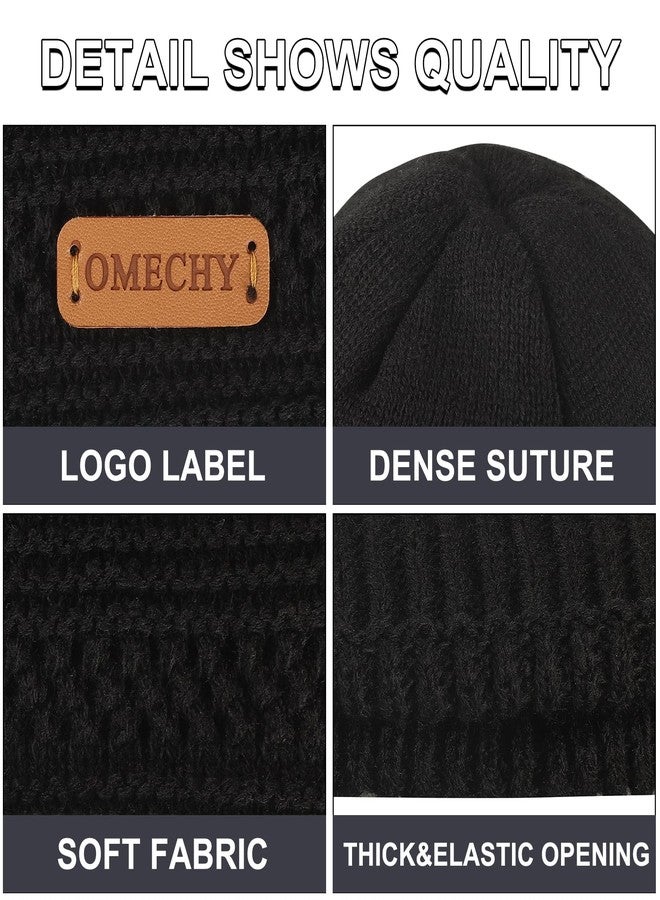OMECHY Beanie for Men Women Thick Warm Fluffy Lined Knit Winter Hat Slouch Chunky Stretch Plain Cuff Toboggan Cap Black - Image 3